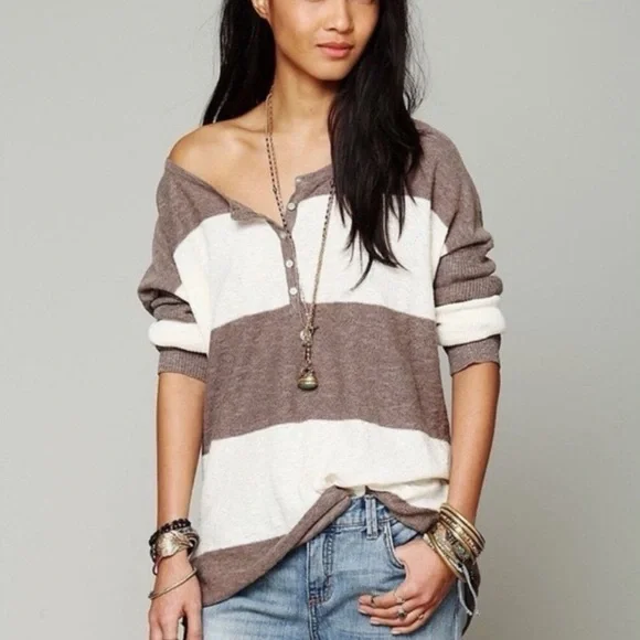 FREE PEOPLE FP Beach Brown and Cream Striped Women's Top Size Small - Picture 3 of 14